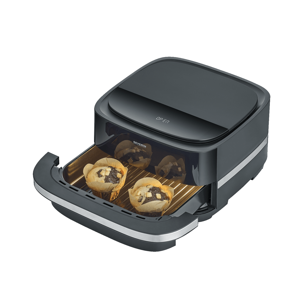 friteuza cu aer cald severin, s-pizza and more, 2100 W, capacitate 4 litri, fara ulei, temperatura ajustabila 4-230 grade celsius, timer, panou control mecanic, oprire automata, semnal sonor, incalzire rapida, consum redus, curatare usoara, briose in airfryer, cos deschis