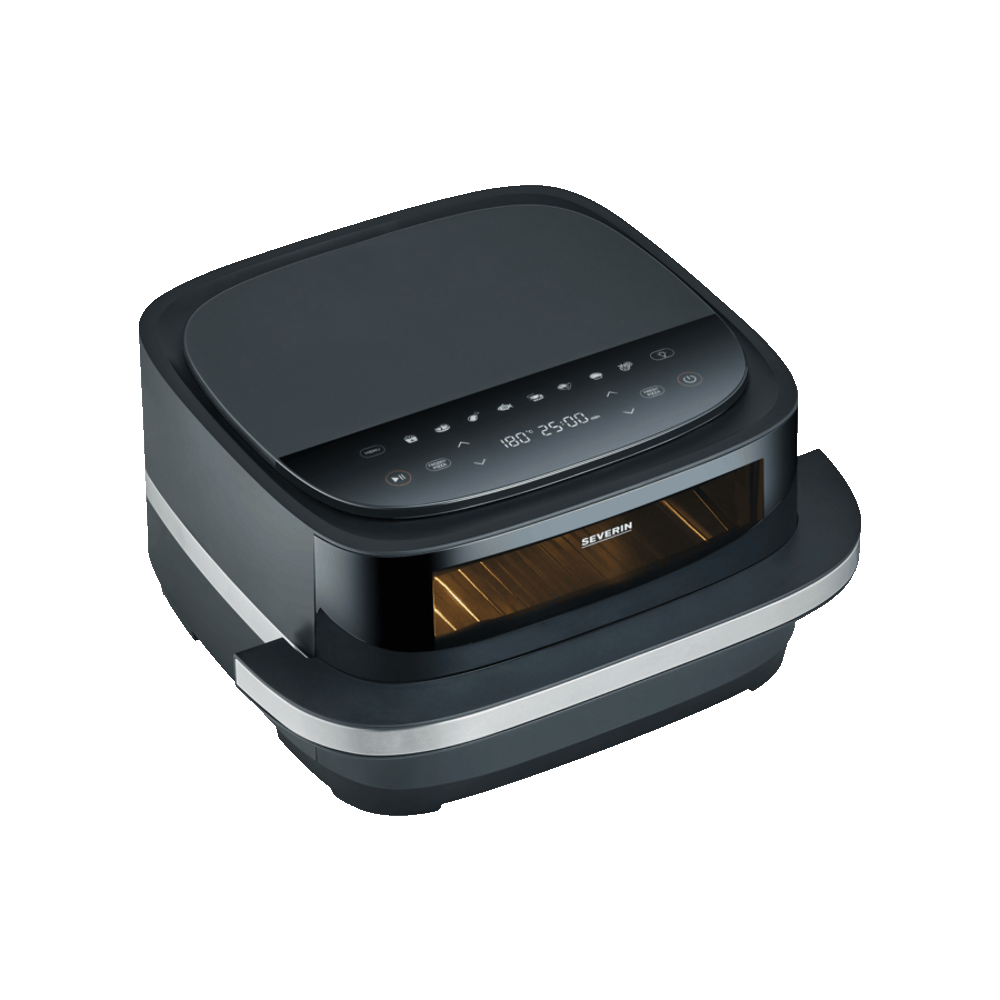 friteuza cu aer cald severin, s-pizza and more, 2100 W, capacitate 4 litri, fara ulei, temperatura ajustabila 4-230 grade celsius, timer, panou control mecanic, oprire automata, semnal sonor, incalzire rapida, consum redus, curatare usoara, produs vazut de sus, inchis