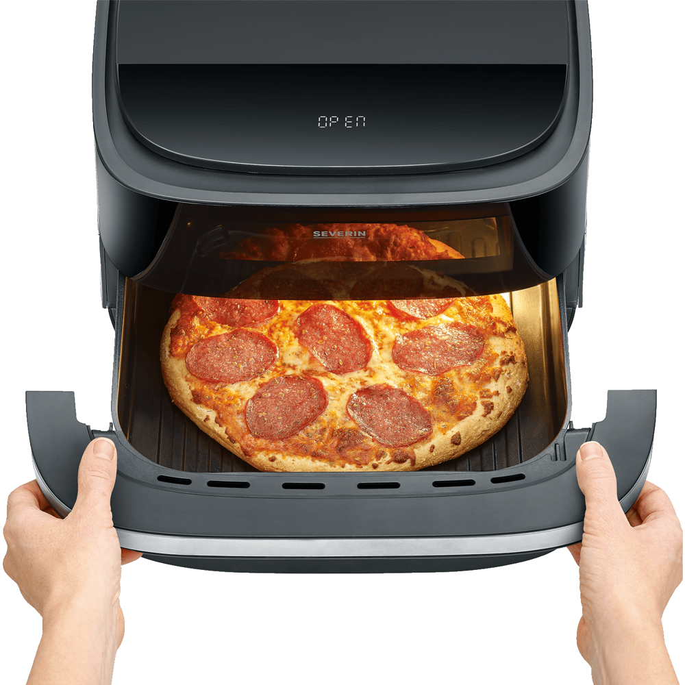 friteuza cu aer cald severin, s-pizza and more, 2100 W, capacitate 4 litri, fara ulei, temperatura ajustabila 4-230 grade celsius, timer, panou control mecanic, oprire automata, semnal sonor, incalzire rapida, consum redus, curatare usoara, scos pizza din air fryer, maini in cadru