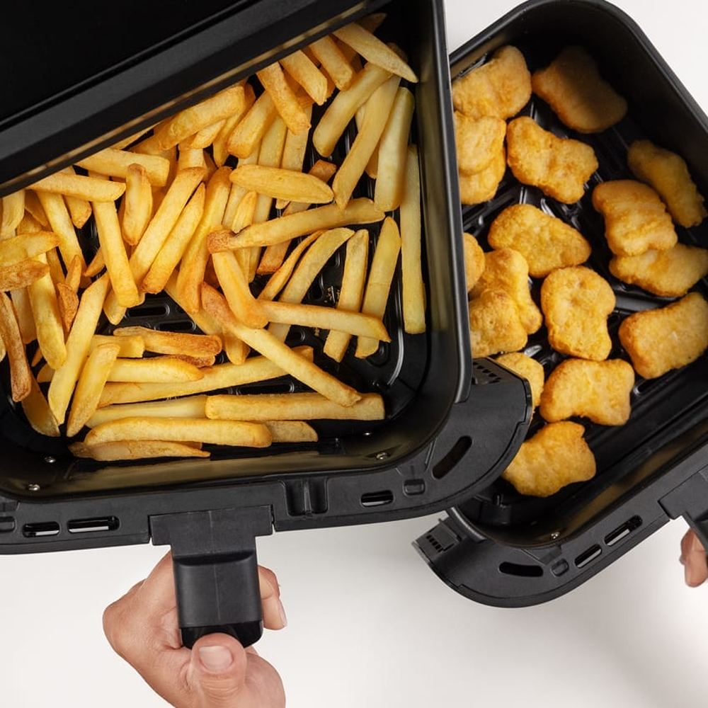 friteuza cu aer cald xxl severin, s-pizza and more, 2800 W, 2 comparitimente, capacitate 2 x 5.5 litri, fara ulei, temperatura ajustabila 60-200 grade celsius, timer, panou control mecanic, oprire automata, semnal sonor, incalzire rapida, consum redus, curatare usoara, cartofi si pui in 2 compartimente