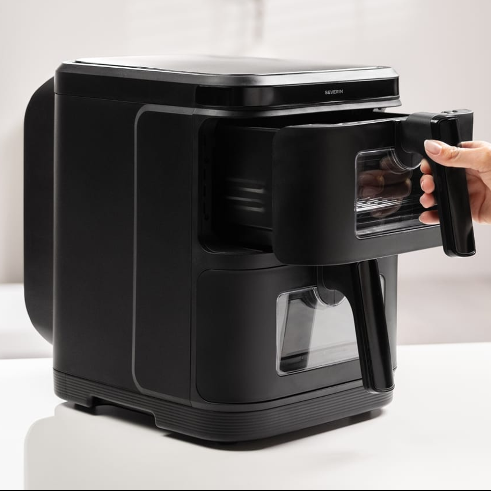 friteuza cu aer cald xxl severin, s-pizza and more, 2800 W, 2 comparitimente, capacitate 2 x 5.5 litri, fara ulei, temperatura ajustabila 60-200 grade celsius, timer, panou control mecanic, oprire automata, semnal sonor, incalzire rapida, consum redus, curatare usoara, pe masa, cos superior deschis