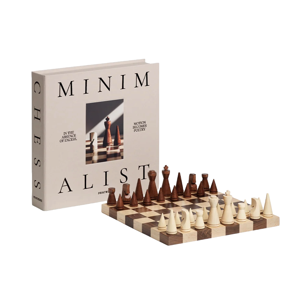 joc de sah, printworks, the minimalist, tabla de sah 30 x 30 cm, cutie de prezentare minimalista, material mix lemn, ideal pentru cadou, lemn natur