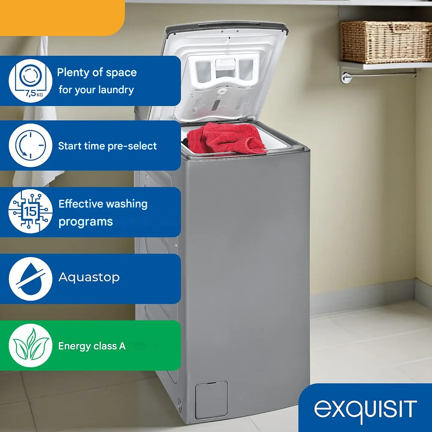 masina de spalat rufe cu incarcare verticala, exquisit, capacitate 7.5 kg, 15 programe de spalare, autocuratare si abur, gri