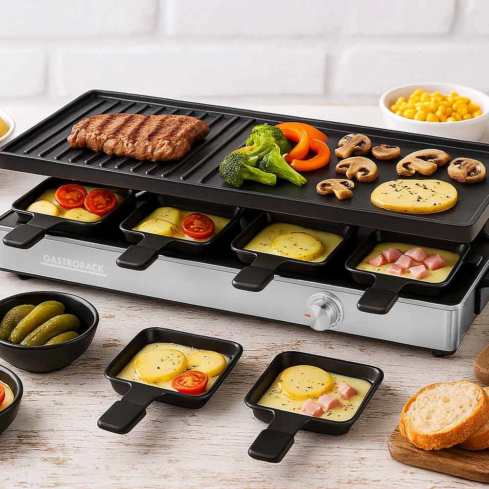Gastroback plita grill raclette branzeturi si legume, 42563, 3in1, 8 persoane, 1700 W, negru