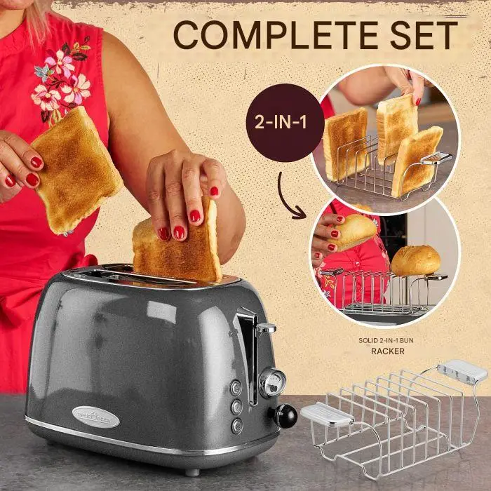 prajitor de paine retro proficook, 2 felii de paine, cu suport pentru incalzire chifle