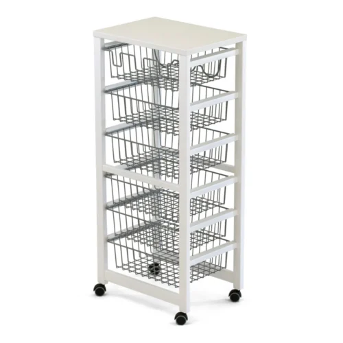 raft mobil pentru depozitare, arredamenti italia, gustavo, 102x46cm, 6 cosuri glisante, suport de sticla, roti antiderapante, structura din lemn de fag, depozitare eficienta, design practic si elegant, alb