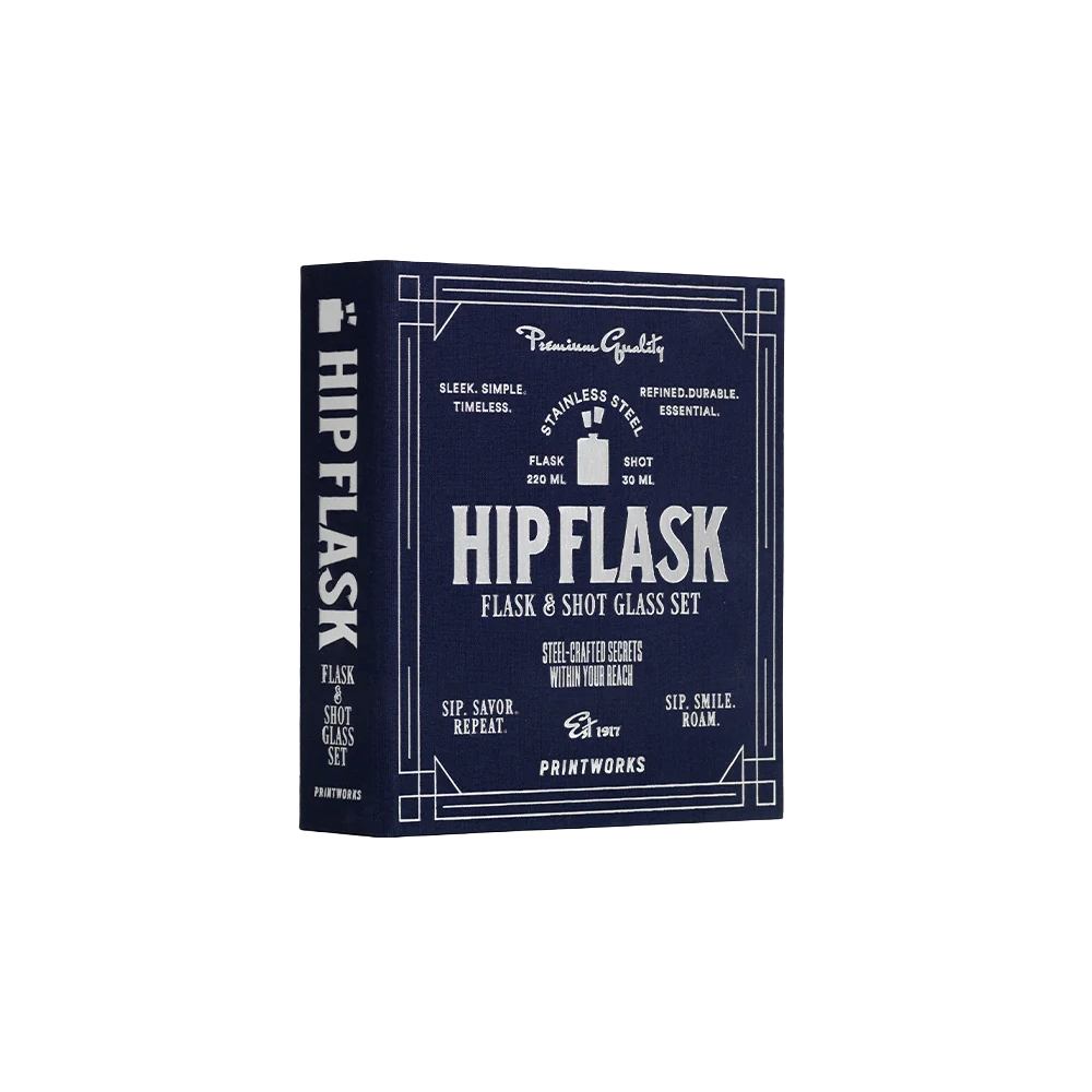 set sticla de buzunar si accesorii Printworks, 1 sticla de buzunar 220 ml, 2 pahare de shot 30 ml, minipalnie, otel inoxidabil, cutie eleganta, ideal cadou, lavabil la masina de spalat vase