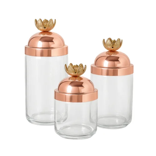 set 3 recipiente premium pentru depozitare cu capac, ruffoni, 1.5, 1, 0.75 litri, 9 cm diametru, colectia historia, capac din cupru cu inchidere ermetica, material sticla, maner sculptat manual din bronz, potrivit pentru depozitarea alimentelor neprerisabile, transparent