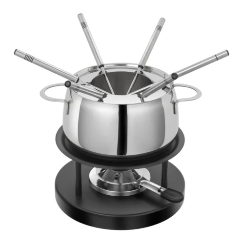 set fondue 6 persoane kuhn rikon , 2 litri, Ø15 cm, ideal pentru carne, bol detasabil din otel inoxidabil, 6 furculite, bol compactibil cu toate sursele de caldura, regulator intensitate flacara, inox