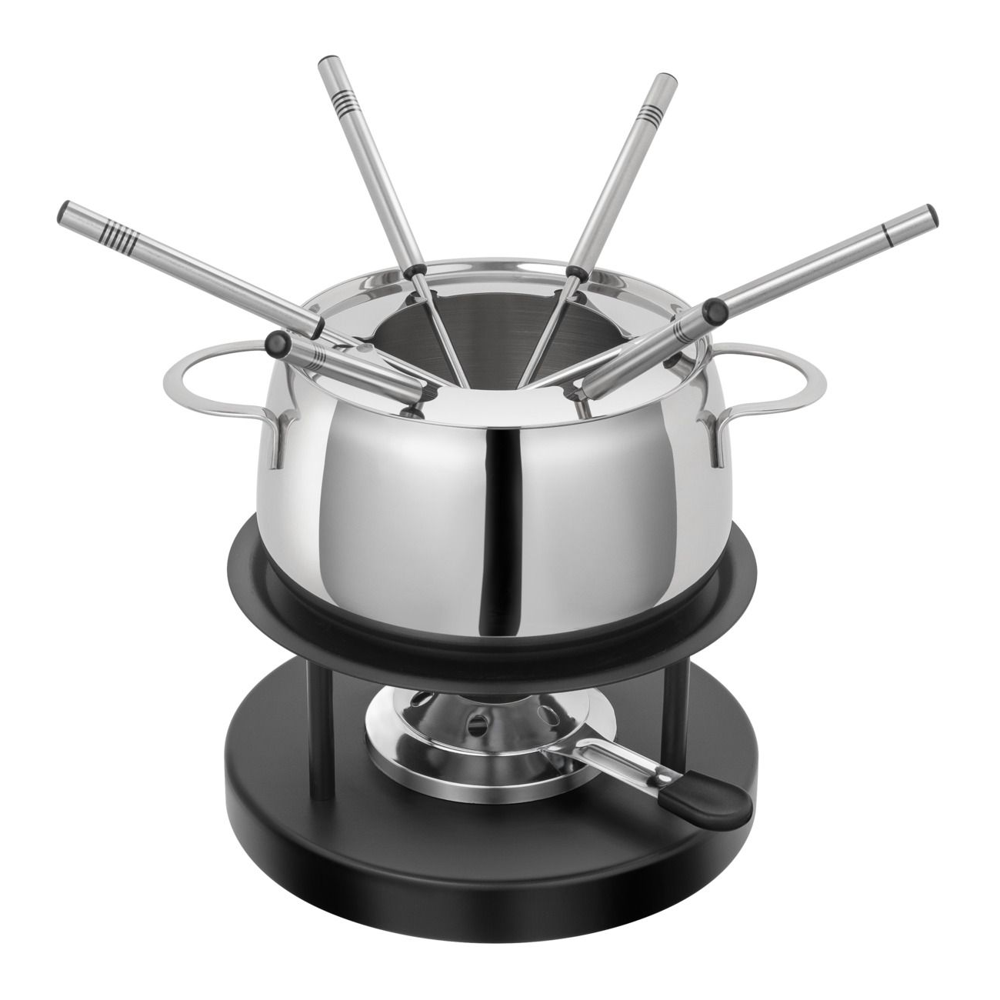 set fondue 6 persoane kuhn rikon , 2 litri, Ø15 cm, ideal pentru carne, bol detasabil din otel inoxidabil, 6 furculite, bol compactibil cu toate sursele de caldura, regulator intensitate flacara, inox