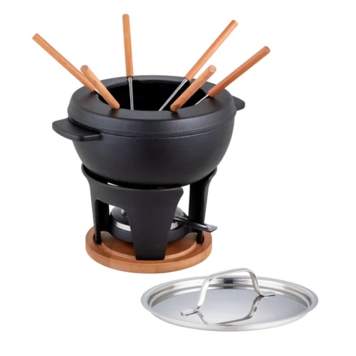 set fondue 6 persoane kuhn rikon, 2 litri, ideal pentru carne/branzeturi/hot pot, bol detasabil din fonta, 6 furculite, bol compactibil cu toate sursele de caldura, regulator intensitate flacara, negru