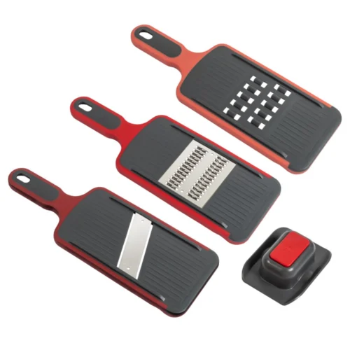 set razatoare manuala multifunctionala kuhn rikon, 3 fete interschimbabile, lame din otel inoxidabil, maner ergonomic, protectie maini, usor de folosit, baza antiderapanta, lavabila in masina de spalat vase, rosu