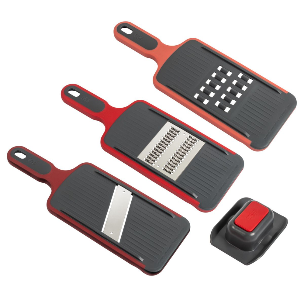 set razatoare manuala multifunctionala kuhn rikon, 3 fete interschimbabile, lame din otel inoxidabil, maner ergonomic, protectie maini, usor de folosit, baza antiderapanta, lavabila in masina de spalat vase, rosu