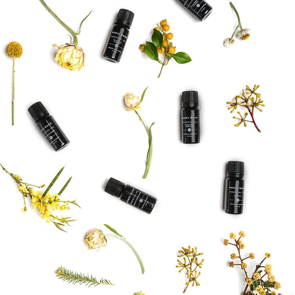 ulei esential, bondi wash, menta syndey si rozmarin, 100% concentrat, pentru aroma terapie, masaj si baie. produse pe fundal alb, flori uscate in funal