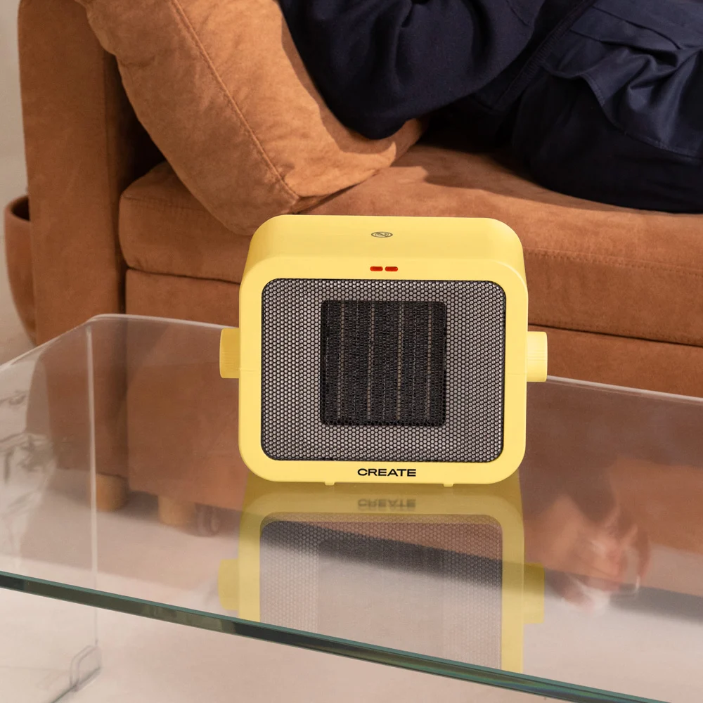 aeroterma electrica de birou create, 2 trepte de viteza, ideal pentru iarna/vara, functie ventilatie, termostat, placi de incalzire ceramice, protectie supraincalzire si rasturnare, inchidere automata, design compact, 1500 W, cadru frontal, pe masa