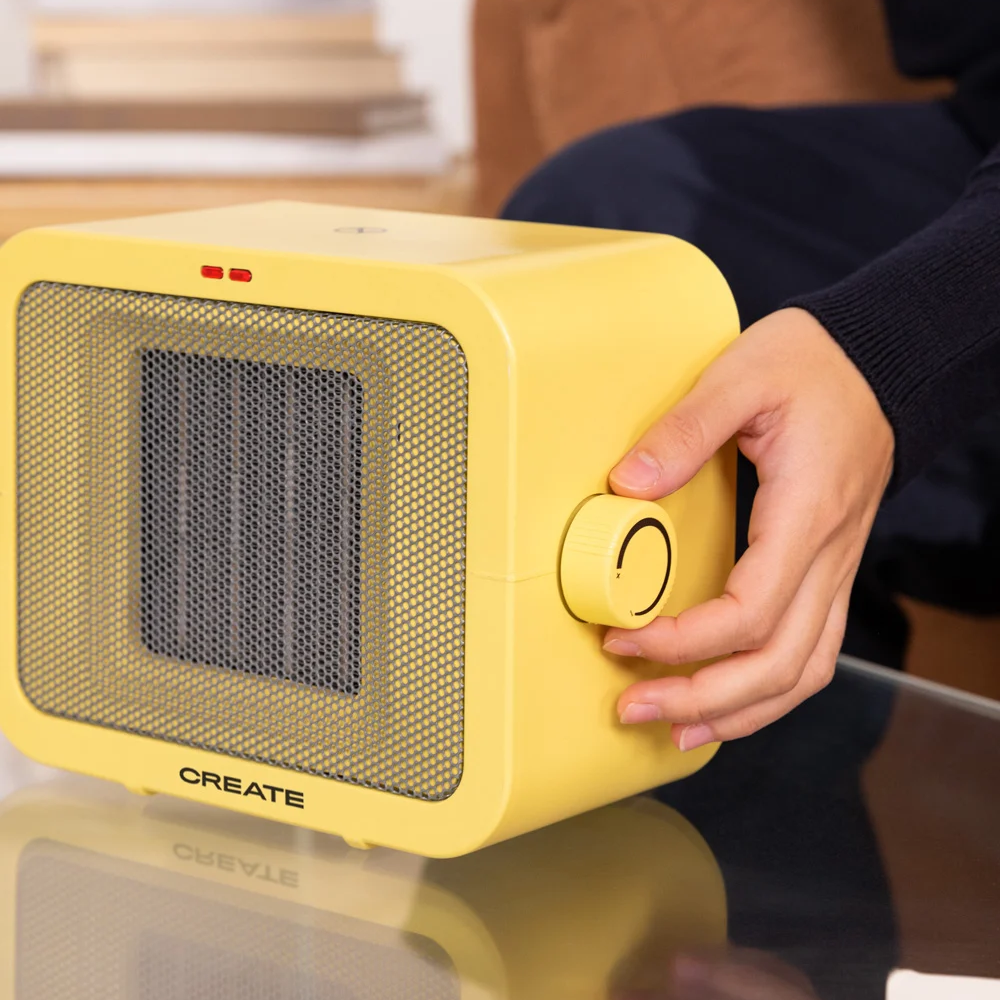 aeroterma electrica de birou create, 2 trepte de viteza, ideal pentru iarna/vara, functie ventilatie, termostat, placi de incalzire ceramice, protectie supraincalzire si rasturnare, inchidere automata, design compact, 1500 W, reglaj temperatura, pe masa