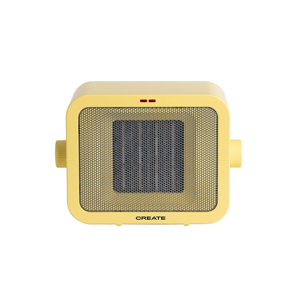 aeroterma electrica de birou create, 2 trepte de viteza, ideal pentru iarna/vara, functie ventilatie, termostat, placi de incalzire ceramice, protectie supraincalzire si rasturnare, inchidere automata, design compact, 1500 W, galben