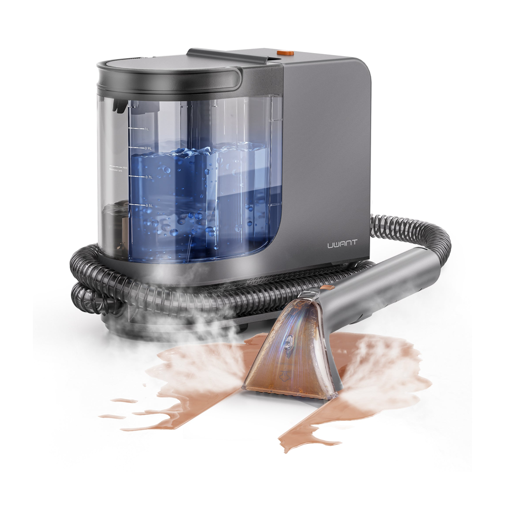 aspirator cu spalare si aburi UWANT, curatare cu apa cu presiune, ideal pentru canapele/covoare/scaune/par animale, rezervor apa 1.5, functie autocuratare, antibacterian, compact si eficient, usor de folosit, gri