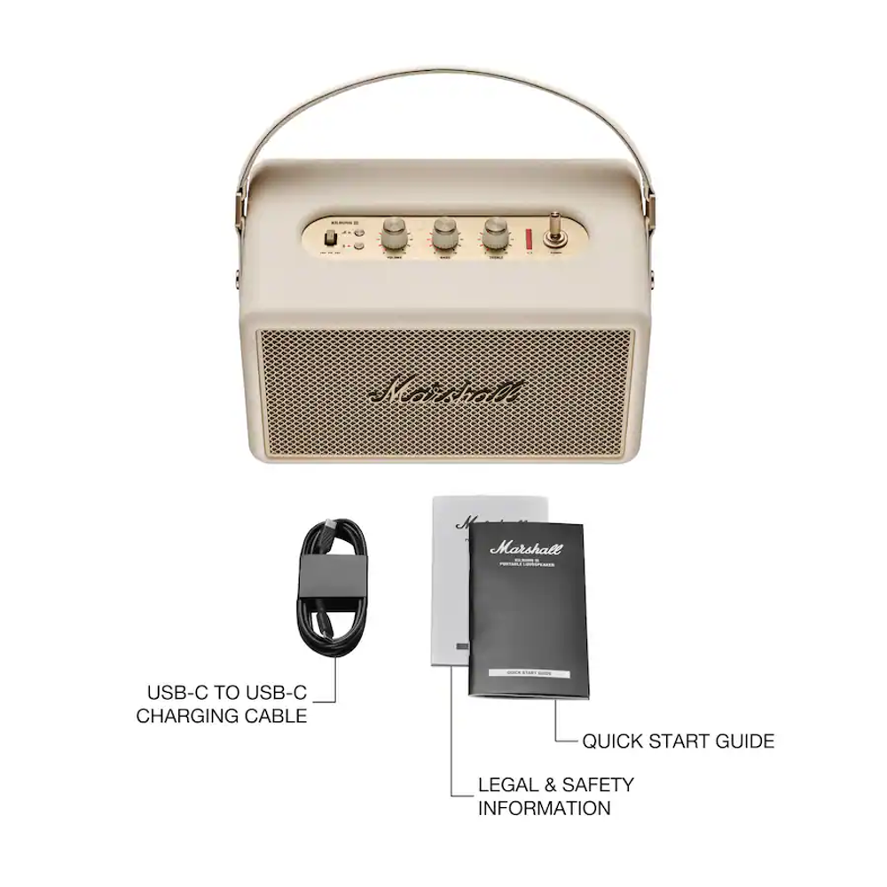 boxa portabila marshall, killburn III, protectie IP54, autonomie +32h, bluetooth 5.3, conectare prin aplicatie, bareta de piele inclusa, sunet true stereophonic, indicator baterie, 50 w, baterie externa, incarcare usb-c, design vintage, cadru accesorii incluse
