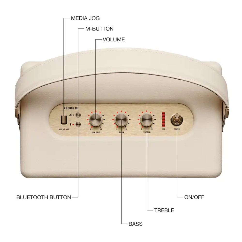 boxa portabila marshall, killburn III, protectie IP54, autonomie +32h, bluetooth 5.3, conectare prin aplicatie, bareta de piele inclusa, sunet true stereophonic, indicator baterie, 50 w, baterie externa, incarcare usb-c, design vintage, panou control tactil