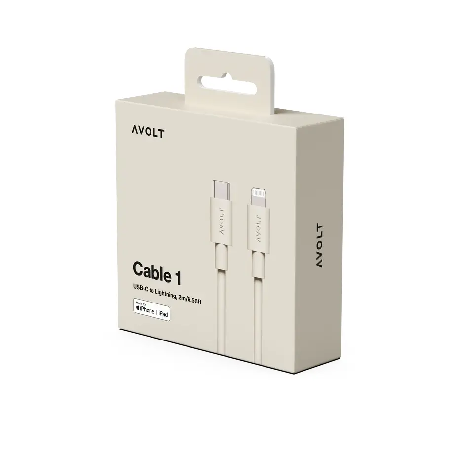 cutie cablu de date si incarcare rapida, avolt, usb-c, lightning, 2 metri crem