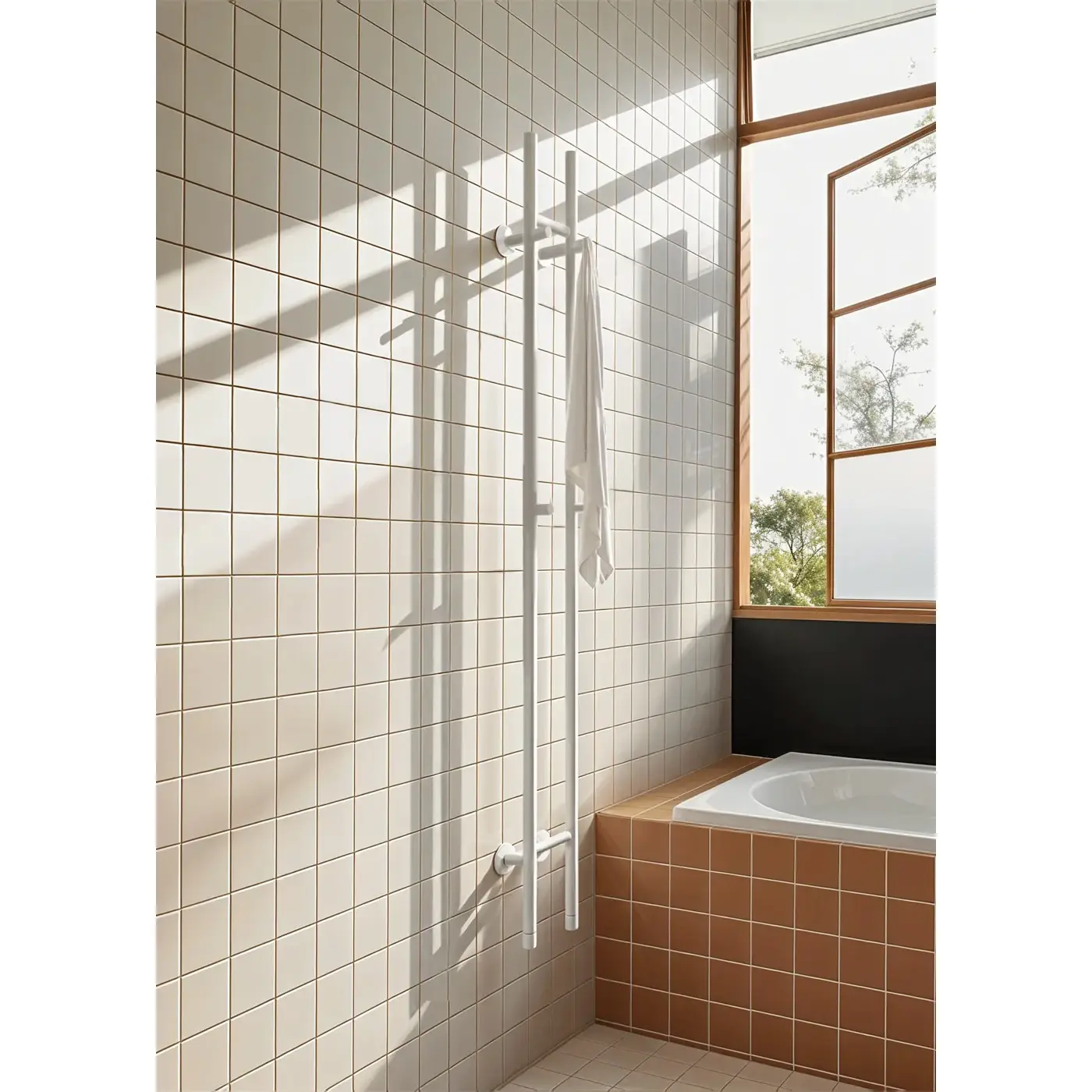 calorifer create, warm towel tube, design slim, 2 bare, din otel inoxidabil, alb, in baie, pe perete, langa cada