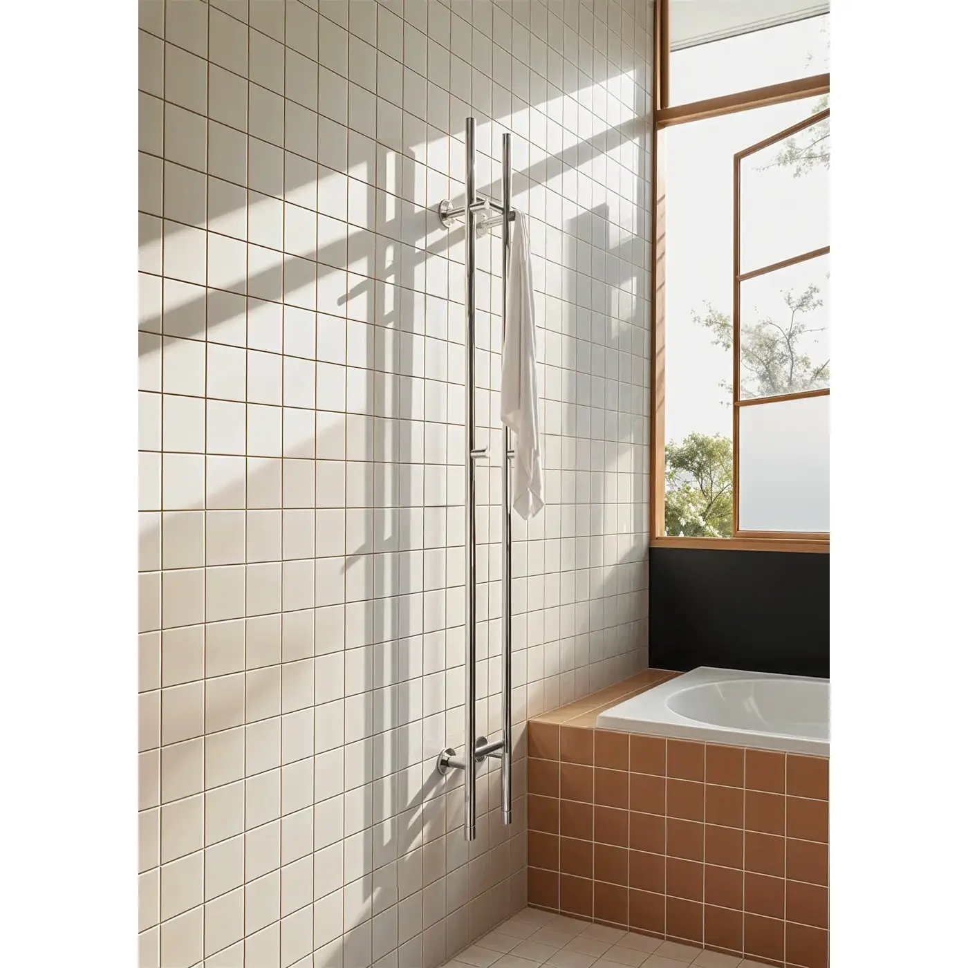 calorifer create, warm towel tube, design slim, 2 bare, din otel inoxidabil, inox, in baie, pe perete, langa cada