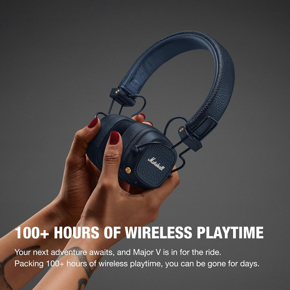 casti on-ear marshall, major v, autonomie 100 ore, wireless, pliabil, functie incarcare rapida, buton M personalizabil, 106 dB, difuzor 40 mm dinamic, include cablu audio 3.5 mm, tinut in maini