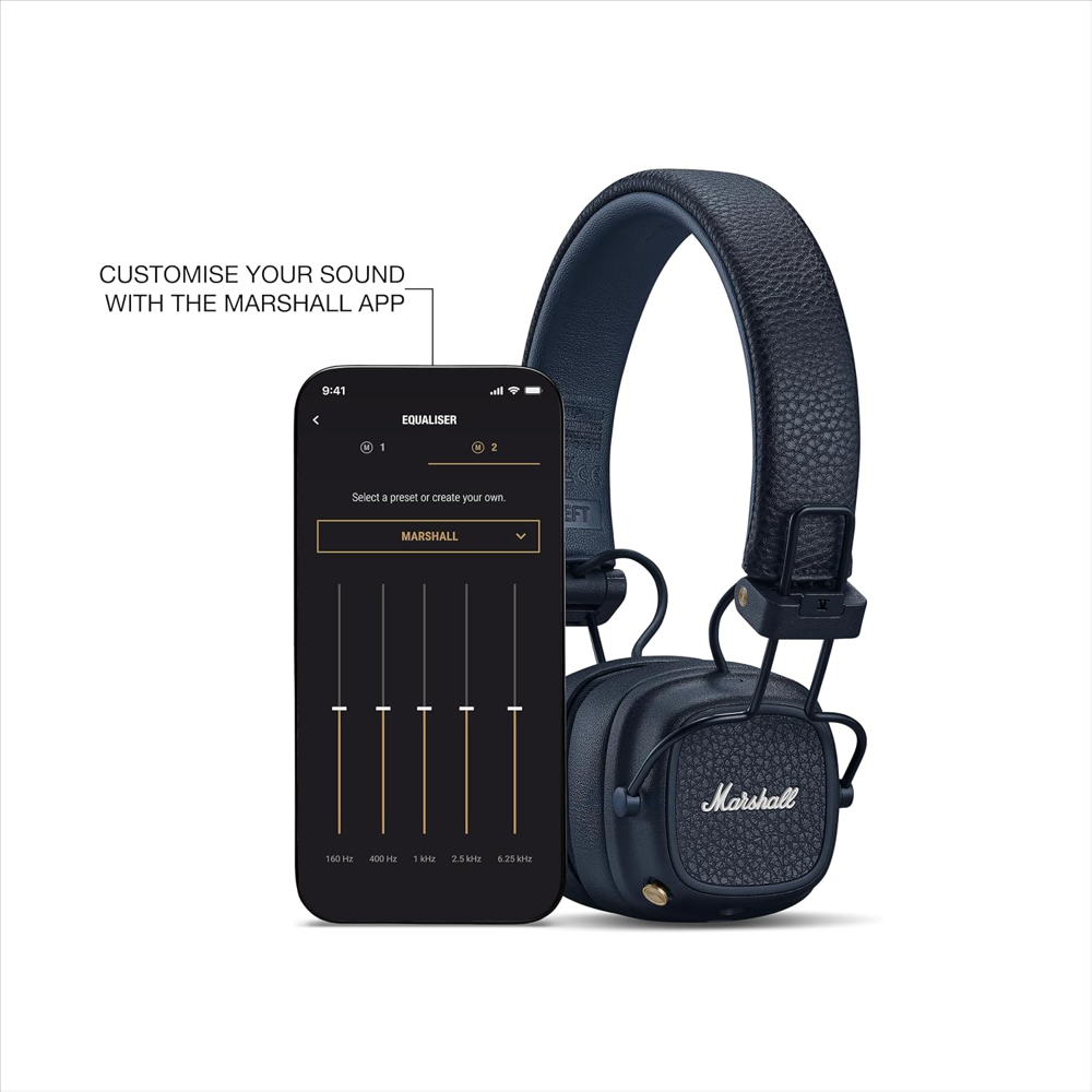 casti on-ear marshall, major v, autonomie 100 ore, wireless, pliabil, functie incarcare rapida, buton M personalizabil, 106 dB, difuzor 40 mm dinamic, include cablu audio 3.5 mm, control prin aplicatie