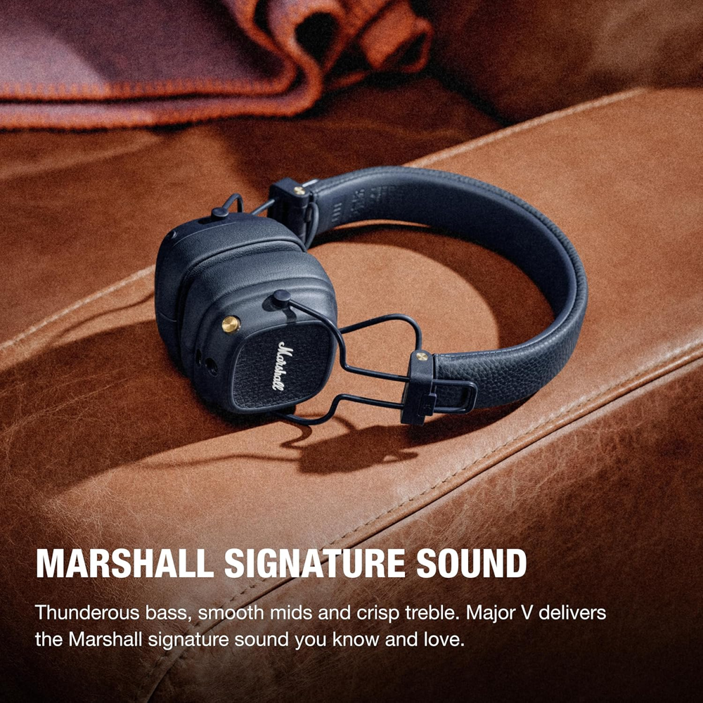casti on-ear marshall, major v, autonomie 100 ore, wireless, pliabil, functie incarcare rapida, buton M personalizabil, 106 dB, difuzor 40 mm dinamic, include cablu audio 3.5 mm, produs pe canapea