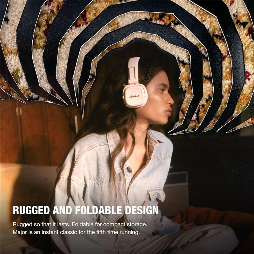 casti on-ear marshall, major v, autonomie 100 ore, wireless, pliabil, functie incarcare rapida, buton M personalizabil, 106 dB, difuzor 40 mm dinamic, include cablu audio 3.5 mm, casti purtate de o fata