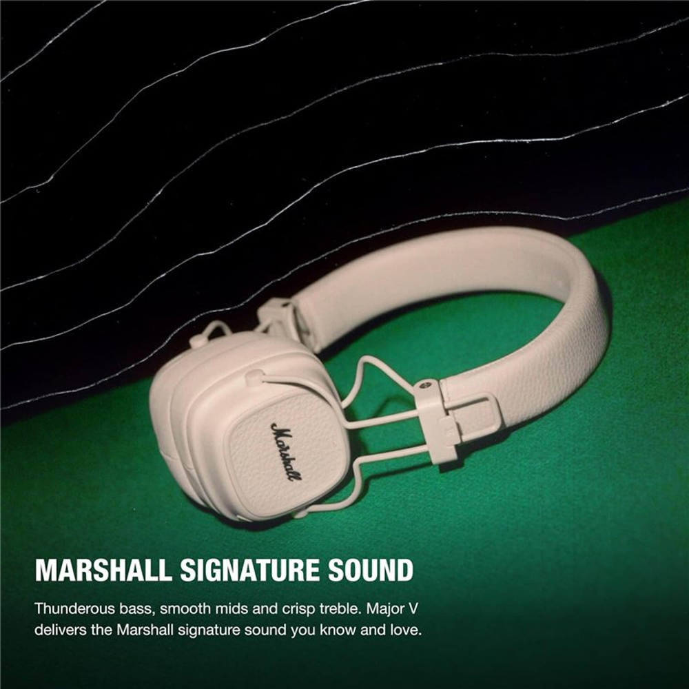 casti on-ear marshall, major v, autonomie 100 ore, wireless, pliabil, functie incarcare rapida, buton M personalizabil, 106 dB, difuzor 40 mm dinamic, include cablu audio 3.5 mm, casti pe un fundal verde