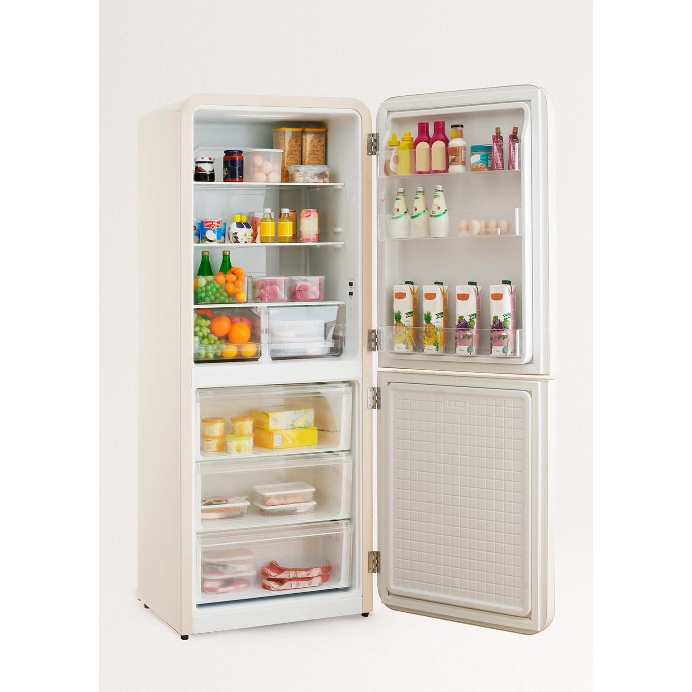 combina frigorifica crem cu manere gold, create, 401 litri, cu usa deschisa