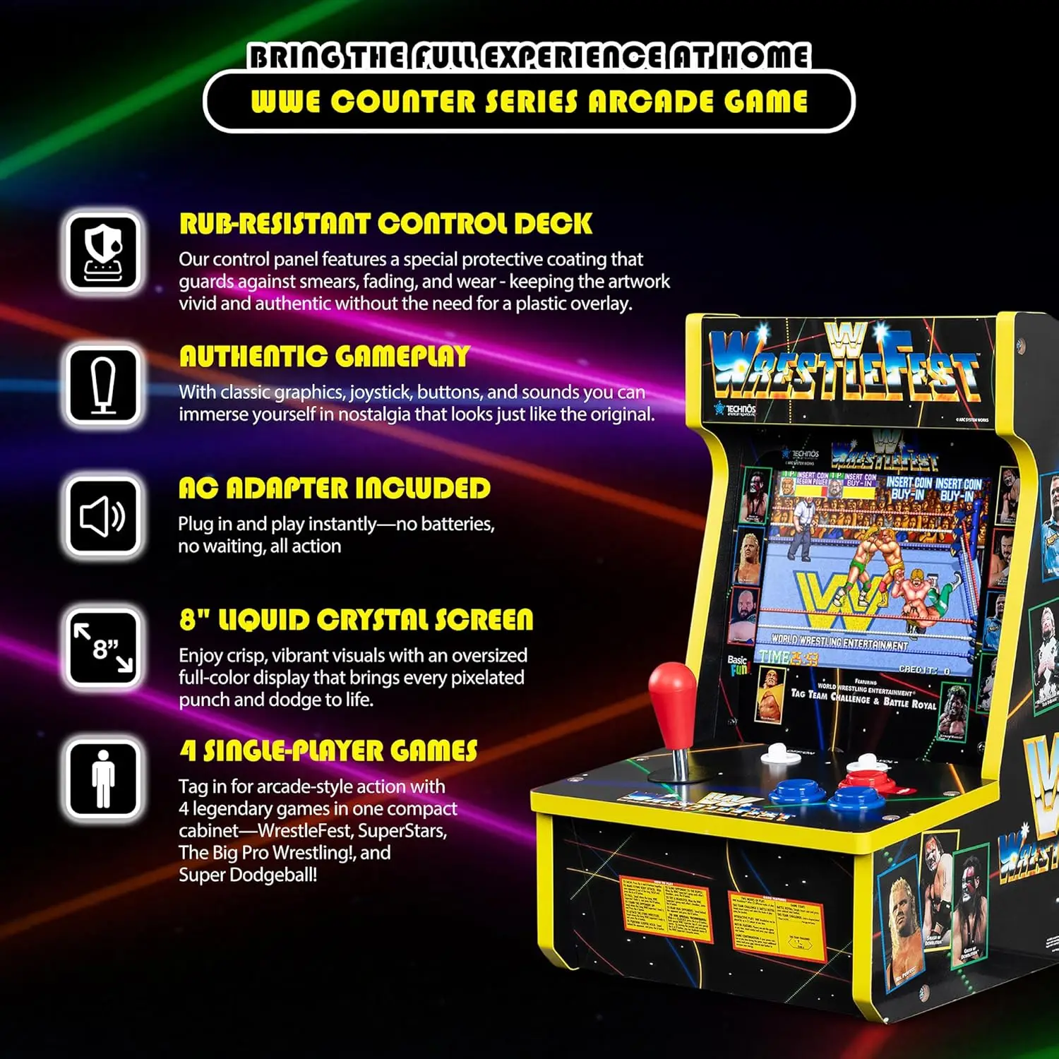 caracteristici consola retro cu 4 jocuri, arcade1up, wwe counter arcade, controale mecanice arcade full size, functionale