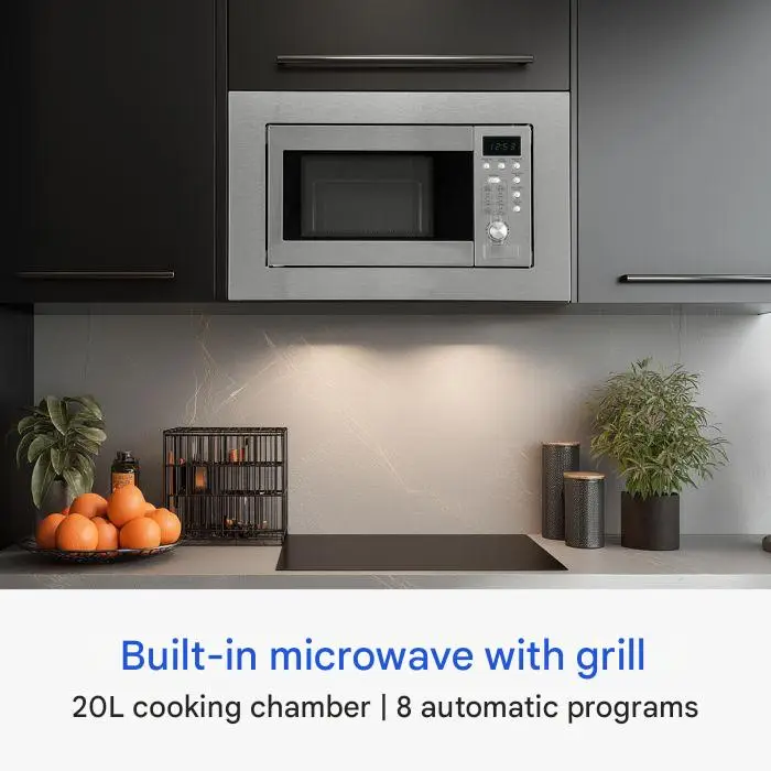 cuptor cu microunde incorporabil bomann, cu functie grill, capacitate 20 litri, si 8 programe automate, incorporat in bucatarie