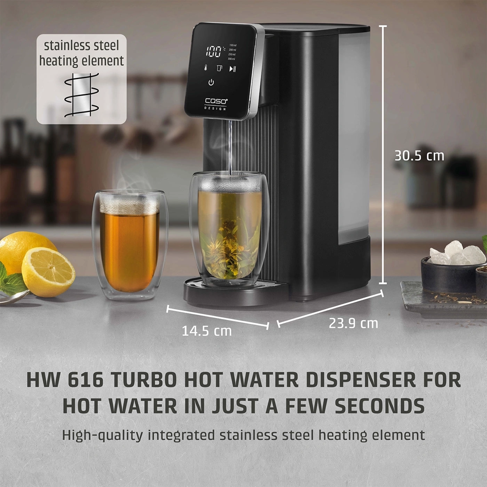 dozator de apa fierbint, caso germany, ideal pentru birou/acasa/horeca, rezervor 2.5 litri, incalzire rapida, temperatura reglabila 40-100°C, cantitate reglabila, panou touchscreen, afisaj LCD, filtru de apa integrat, design elegant, 2600 W, dimensiuni produs