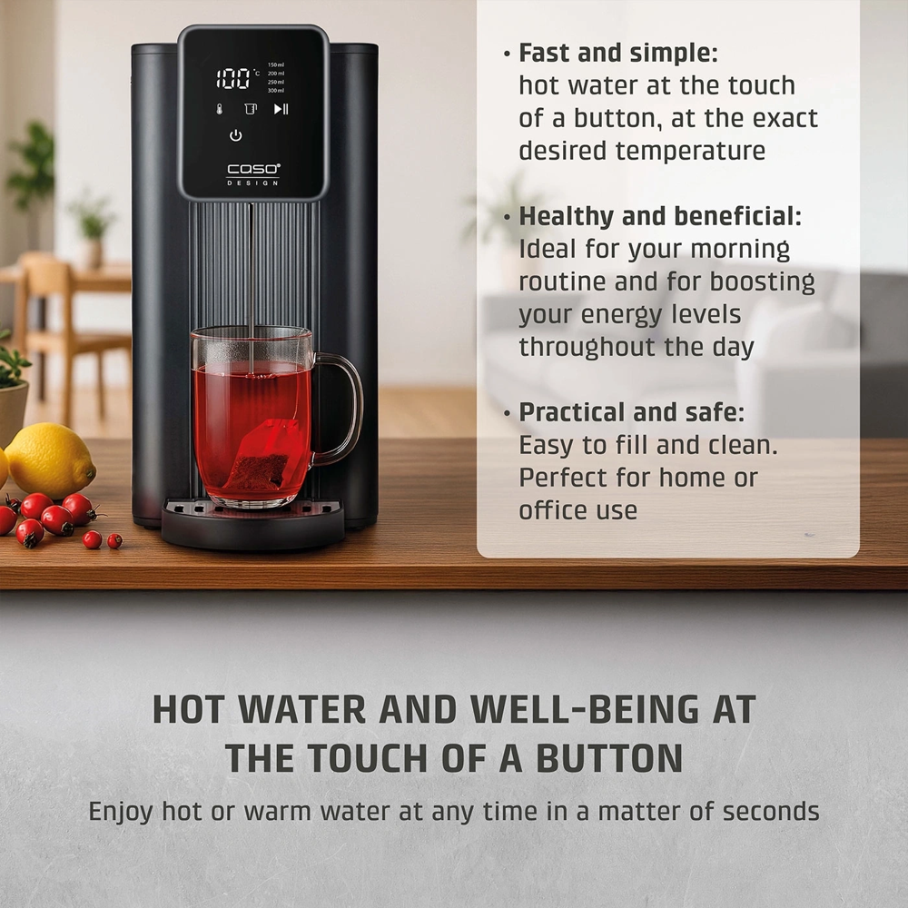 dozator de apa fierbint, caso germany, ideal pentru birou/acasa/horeca, rezervor 2.5 litri, incalzire rapida, temperatura reglabila 40-100°C, cantitate reglabila, panou touchscreen, afisaj LCD, filtru de apa integrat, design elegant, 2600 W, produs pus in functiune