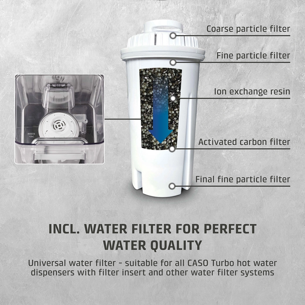 dozator de apa fierbint, caso germany, ideal pentru birou/acasa/horeca, rezervor 2.5 litri, incalzire rapida, temperatura reglabila 40-100°C, cantitate reglabila, panou touchscreen, afisaj LCD, filtru de apa integrat, design elegant, 2600 W, prezentare filtru apa