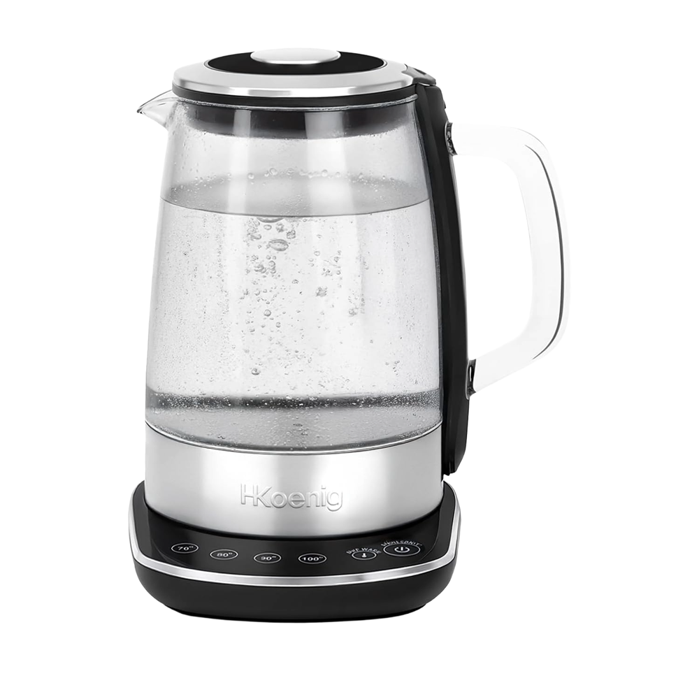 fierbator electric h.koenig, 1.5 l, 2200 W, indicator luminos, functie pastrare la cald, panou touch control, sticla durabila, statie de baza din otel inoxidabil, 4 trepte de temperatura, baza pivotanta 460 grade, negru