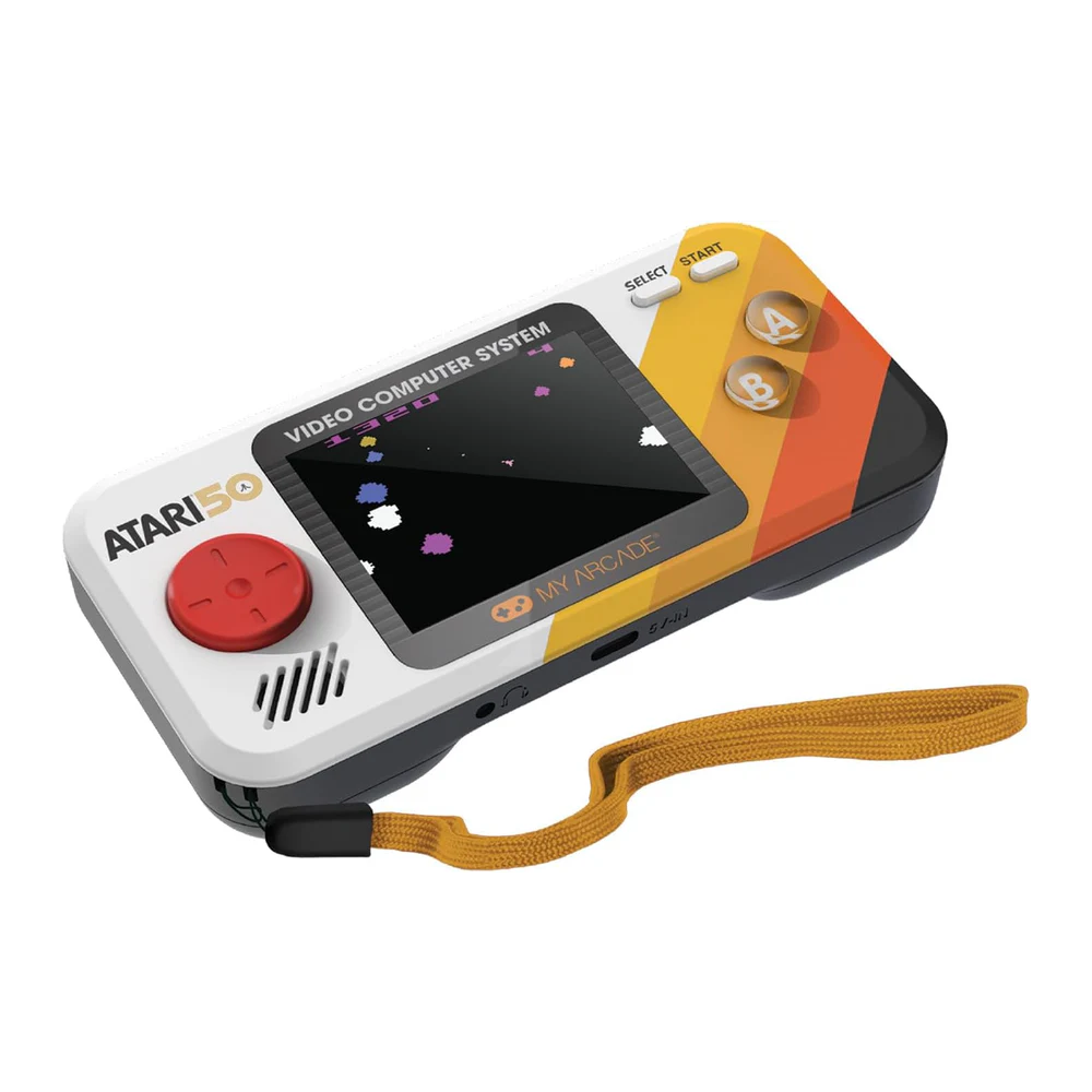 mini consola de buzunar atari myarcade, pocket player pro, grafica originala, display 2.75 inch, iluminare ajustabila, difuzor extern, adaptor casti, potrivit pentru game rooms si colectionari, multicolor