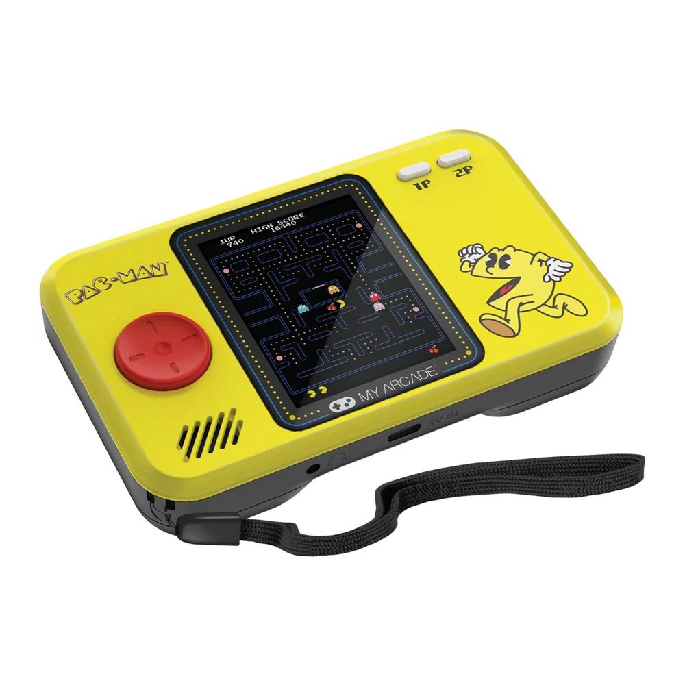 mini consola de buzunar pac-man myarcade, pocket player pro, grafica originala, display 2.75 inch, iluminare ajustabila, difuzor extern, adaptor casti, potrivit pentru game rooms si colectionari, galben