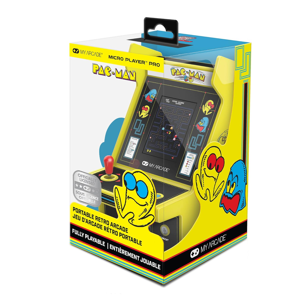 mini consola verticala pac-man arcade1up, micro player pro 6.7 inches, grafica originala, display 2.75 inch, iluminare ajustabila, difuzor extern, adaptor casti, potrivit pentru game rooms si colectionari, cutie prezentare