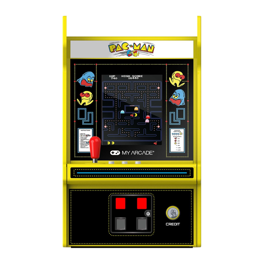 mini consola verticala pac-man arcade1up, micro player pro 6.7 inches, grafica originala, display 2.75 inch, iluminare ajustabila, difuzor extern, adaptor casti, potrivit pentru game rooms si colectionari, afisaj consola