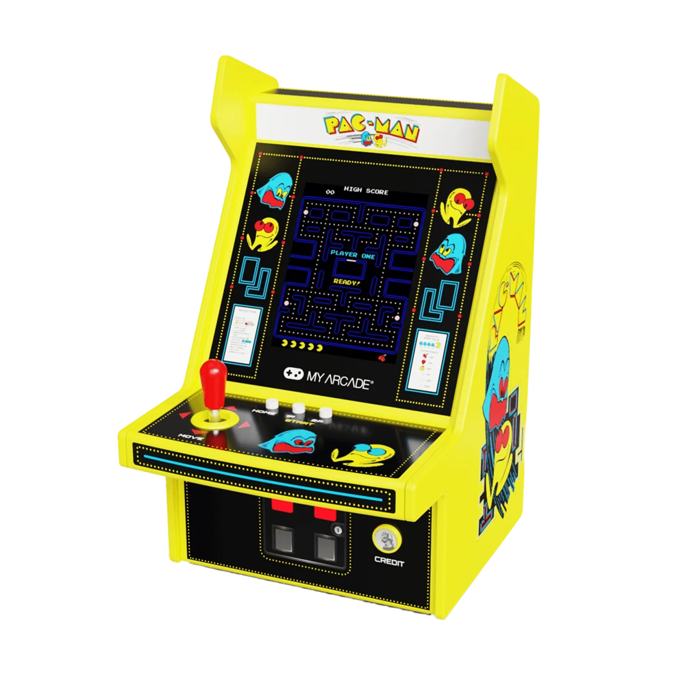 mini consola verticala pac-man arcade1up, micro player pro 6.7 inches, grafica originala, display 2.75 inch, iluminare ajustabila, difuzor extern, adaptor casti, potrivit pentru game rooms si colectionari, multicolor