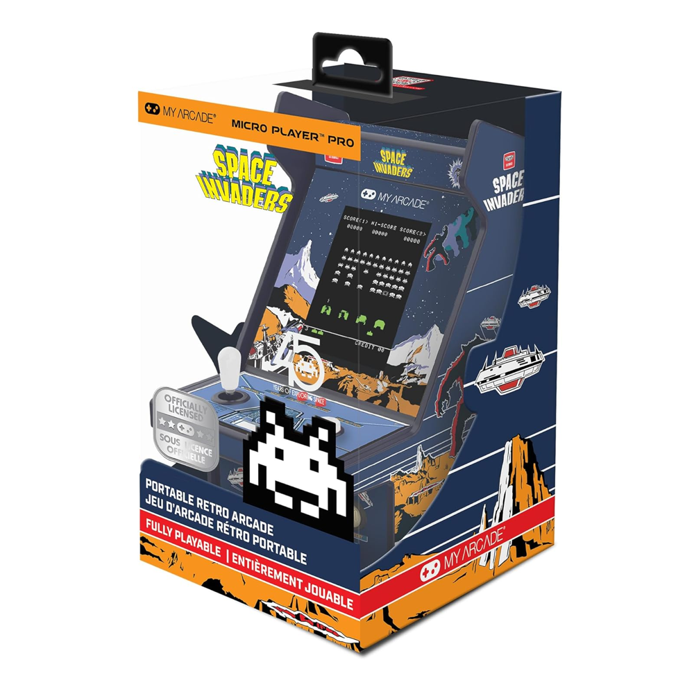mini consola verticala space invaders arcade1up, micro player pro 6.7 inches, grafica originala, display 2.75 inch, iluminare ajustabila, difuzor extern, adaptor casti, potrivit pentru game rooms si colectionari, cutie prezentare