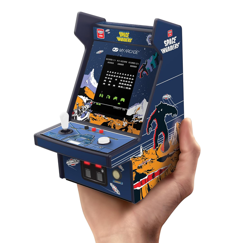 mini consola verticala space invaders arcade1up, micro player pro 6.7 inches, grafica originala, display 2.75 inch, iluminare ajustabila, difuzor extern, adaptor casti, potrivit pentru game rooms si colectionari, tinut in mana
