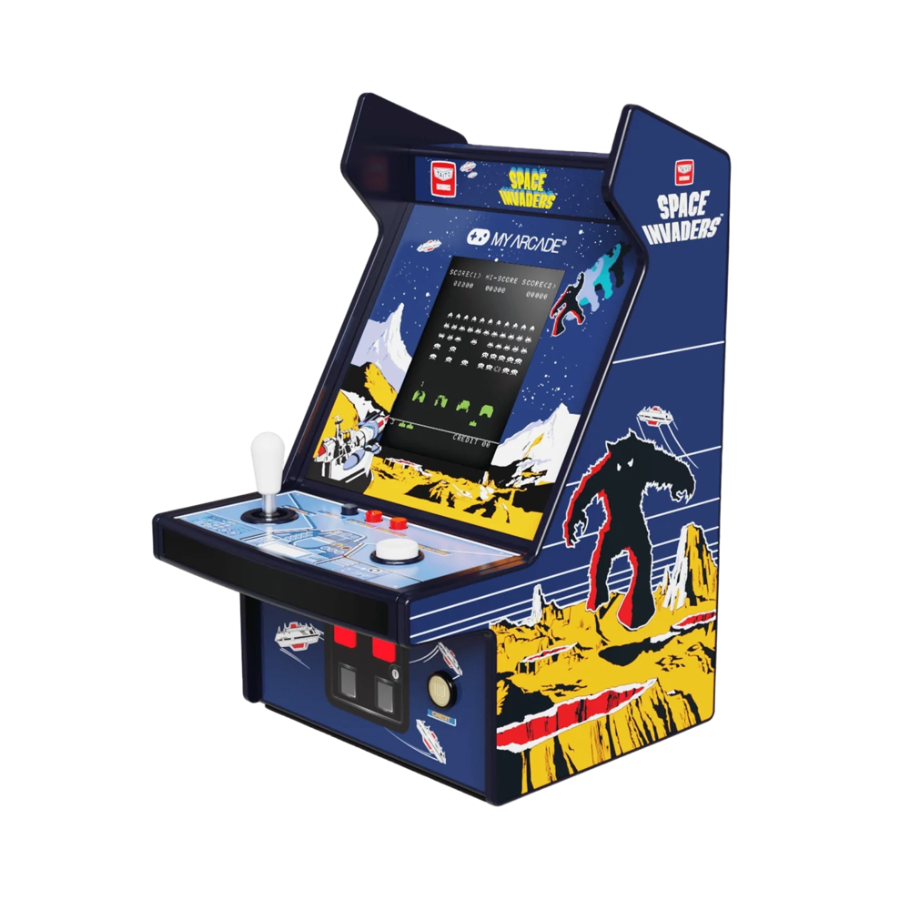 mini consola verticala space invaders arcade1up, micro player pro 6.7 inches, grafica originala, display 2.75 inch, iluminare ajustabila, difuzor extern, adaptor casti, potrivit pentru game rooms si colectionari, multicolor
