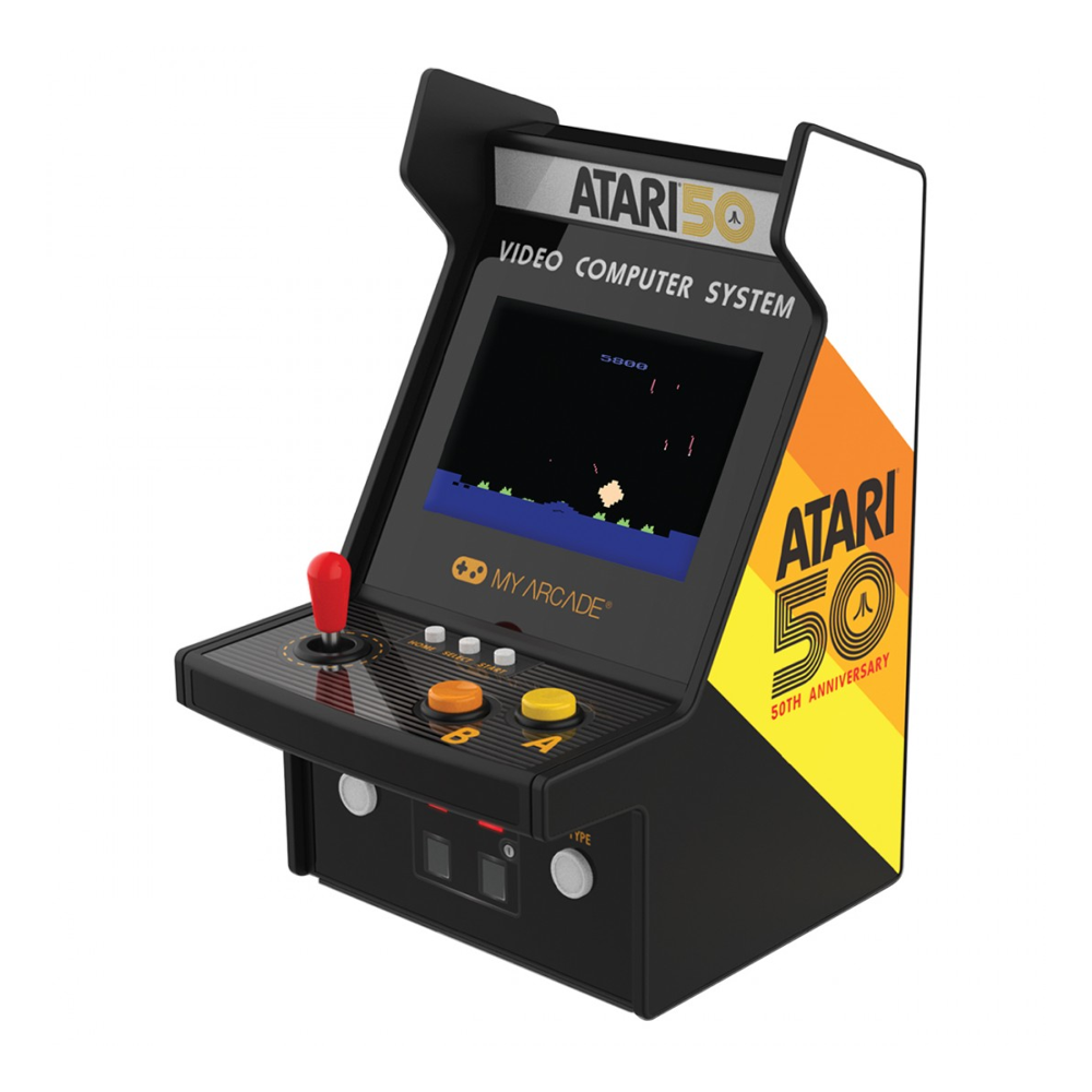 mini consola verticala atari myarcade, micro player pro 6.7 inches, 100 de jocuri, grafica originala, display 2.75 inch, iluminare ajustabila, difuzor extern, adaptor casti, potrivit pentru game rooms si colectionari, multicolor