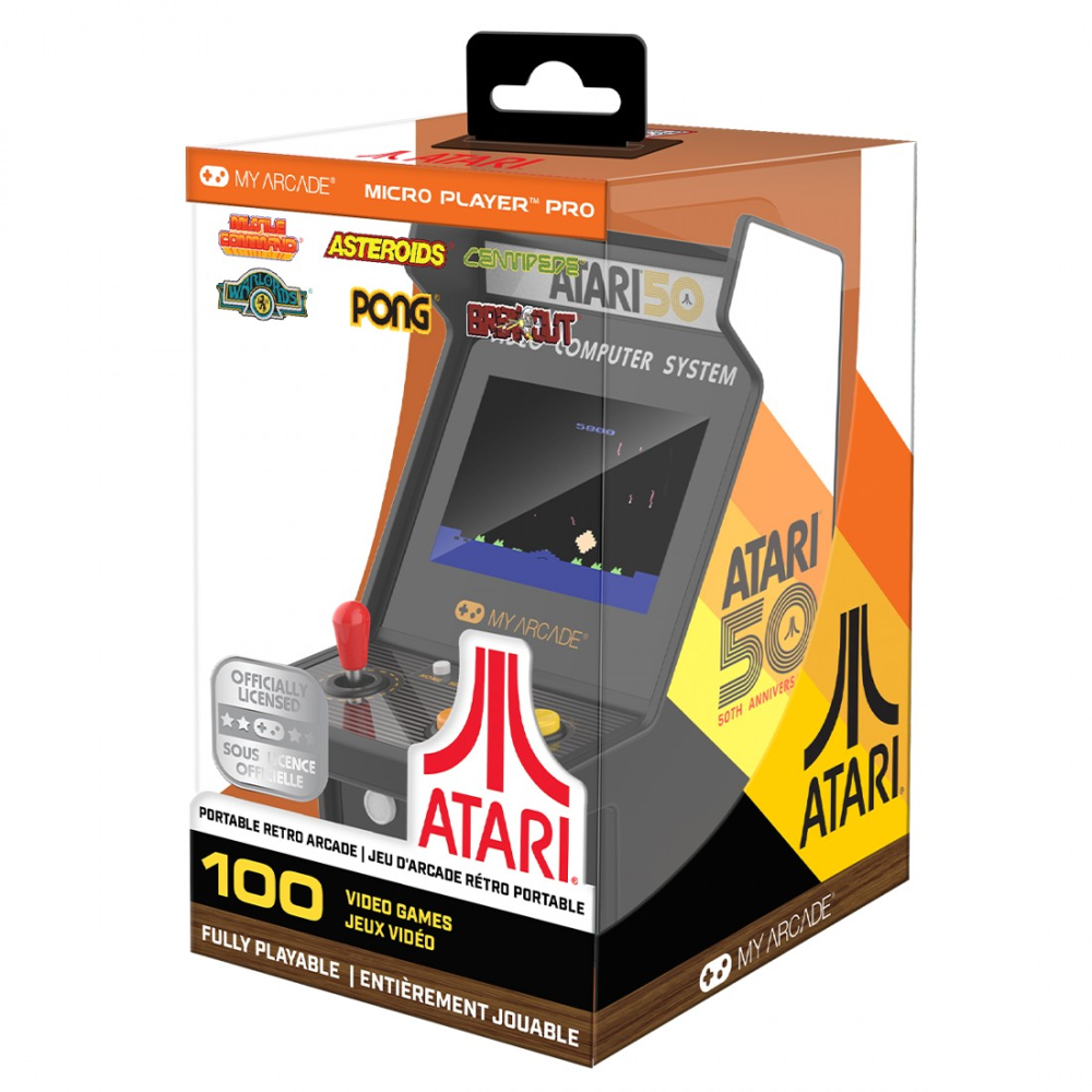 mini consola verticala atari myarcade, micro player pro 6.7 inches, 100 de jocuri, grafica originala, display 2.75 inch, iluminare ajustabila, difuzor extern, adaptor casti, potrivit pentru game rooms si colectionari, cutie prezentare
