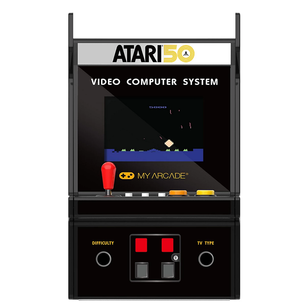 mini consola verticala atari myarcade, micro player pro 6.7 inches, 100 de jocuri, grafica originala, display 2.75 inch, iluminare ajustabila, difuzor extern, adaptor casti, potrivit pentru game rooms si colectionari, interfata operare